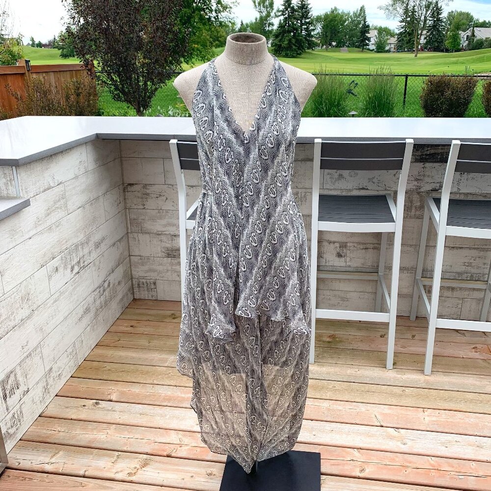Robert Rodriguez Silk Sheer Snakeskin Print Layered Asymmetric Boho Midi Dress